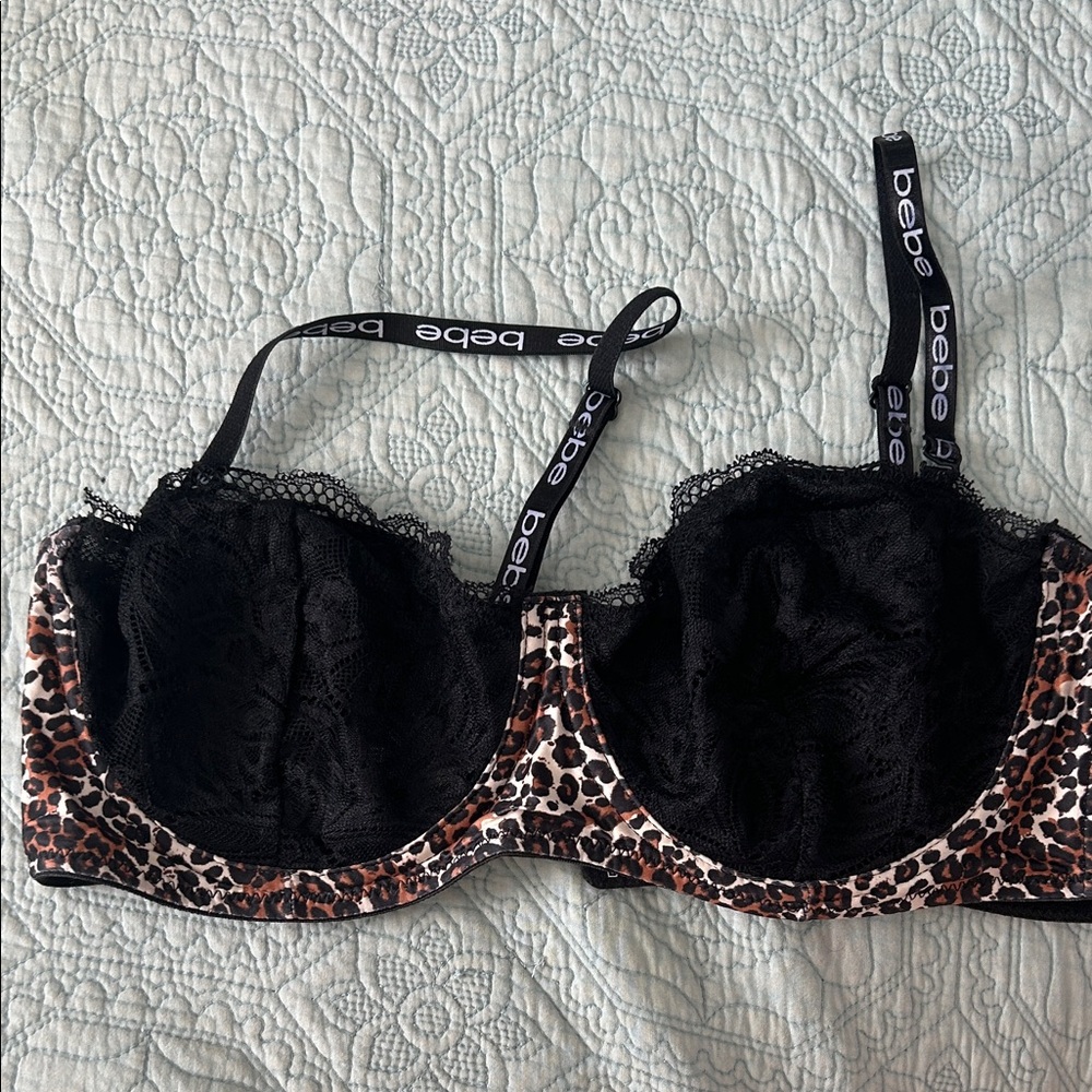 Bebe Black and Leopard Print Lace Bra